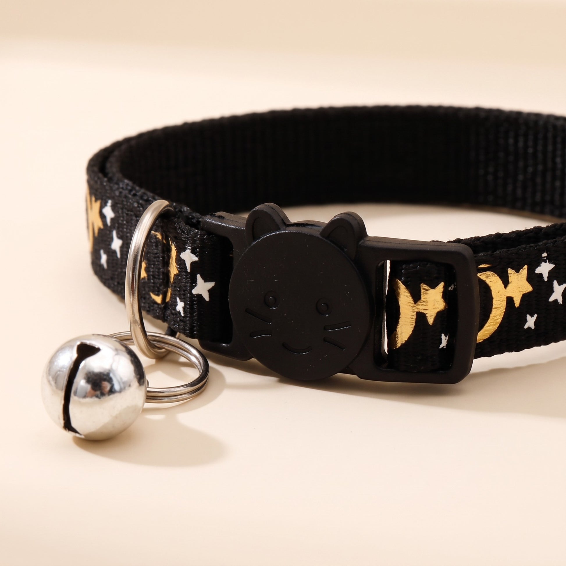 Star and Moon Cat Collar with Bell, close-up detail