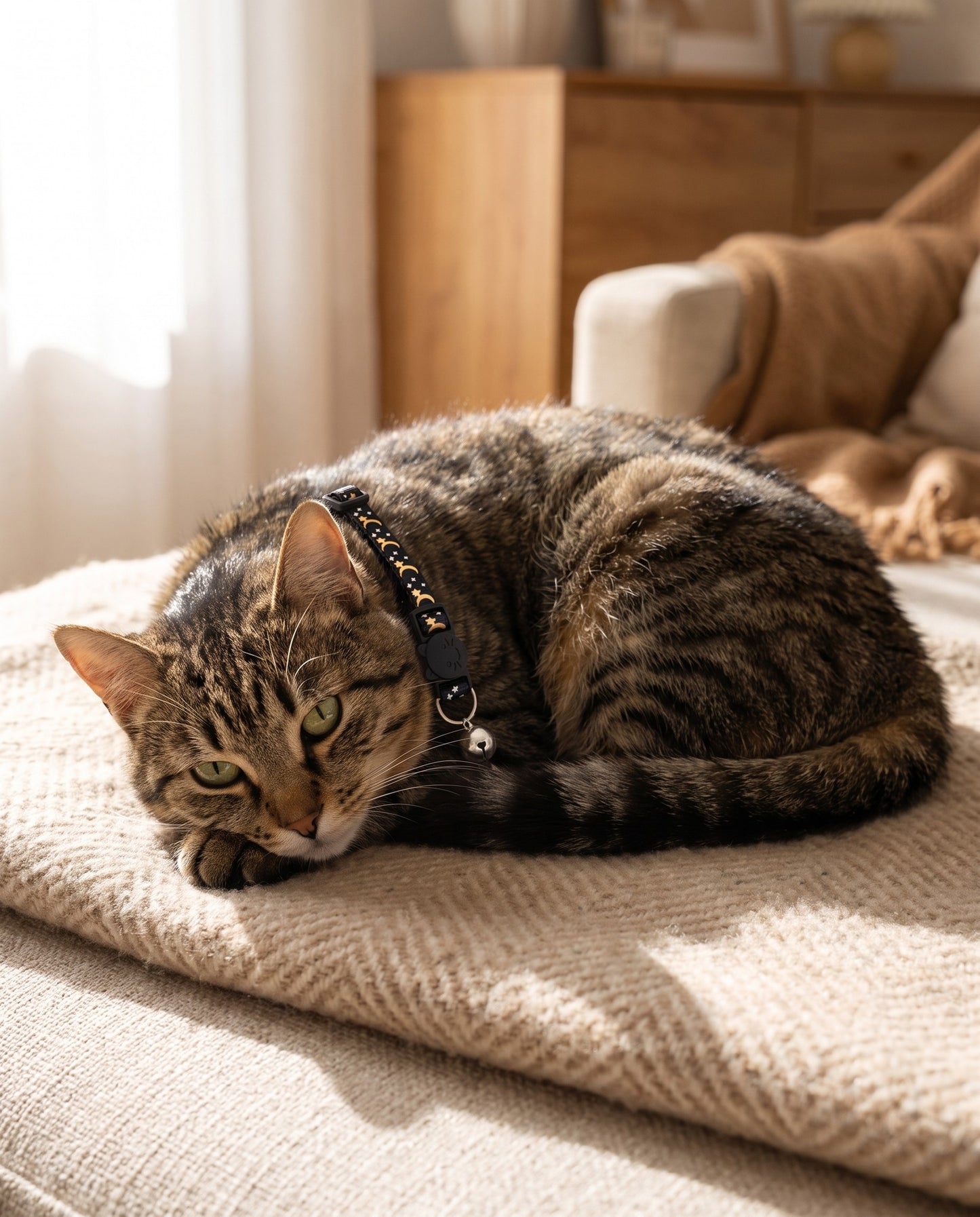 Star and Moon Cat Collar with Bell, in use at home