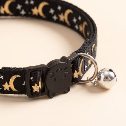 Star and Moon Cat Collar with Bell, close-up detail