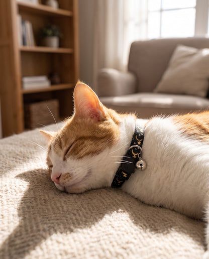 Star and Moon Cat Collar with Bell, in use at home