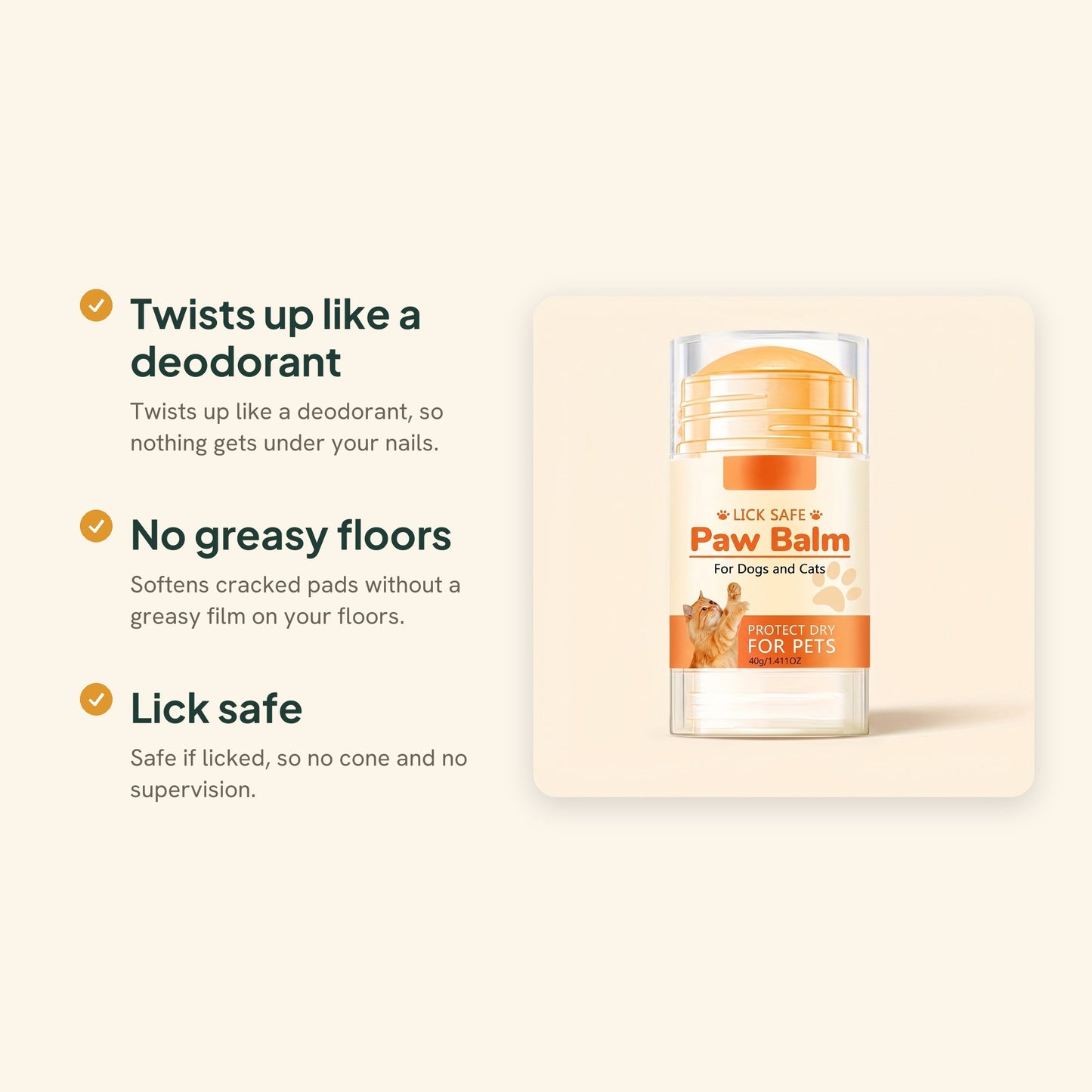 Lick-Safe Paw and Nose Balm Stick, 40g, key benefits