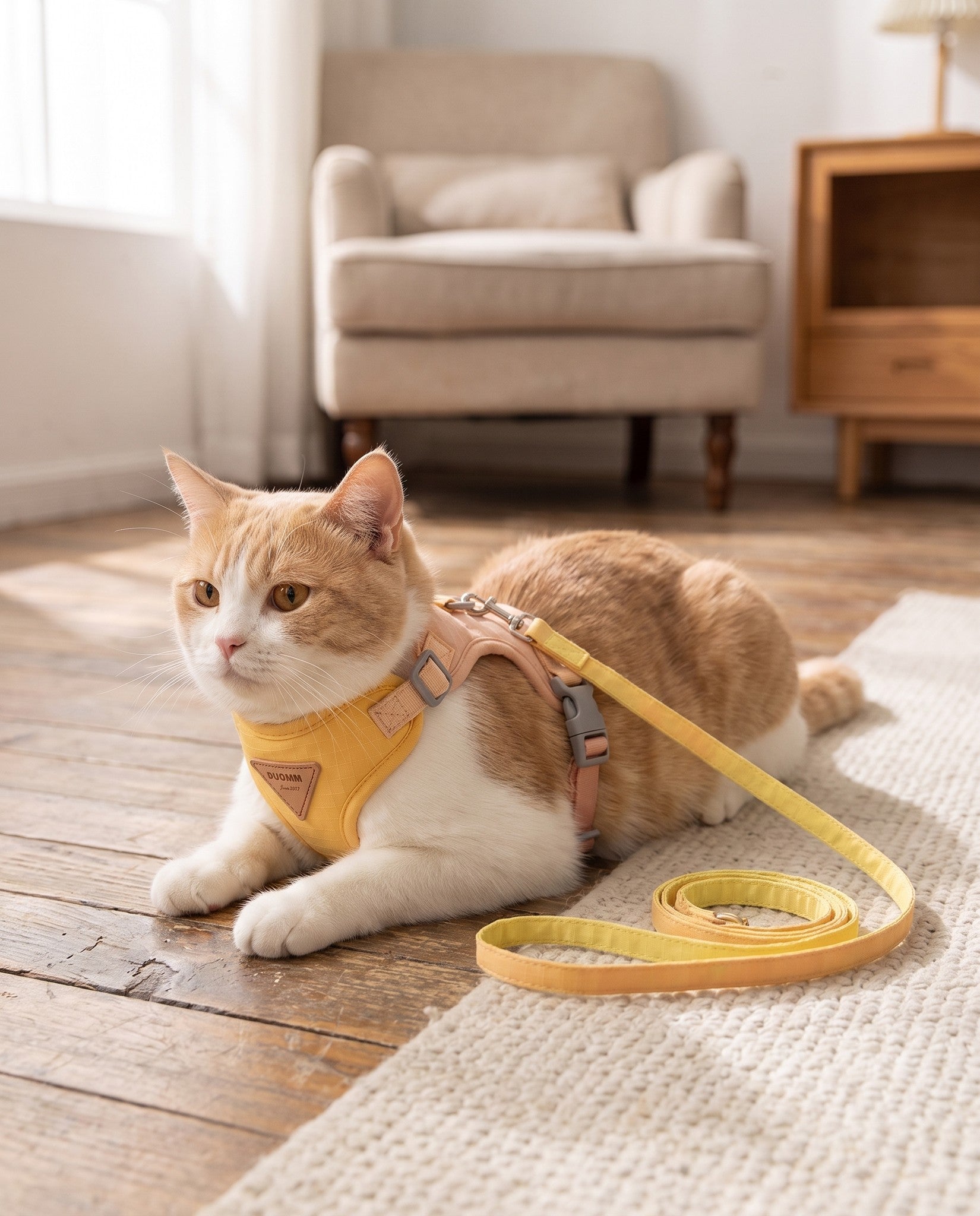 Adjustable Cat and Puppy Harness Set, in use at home