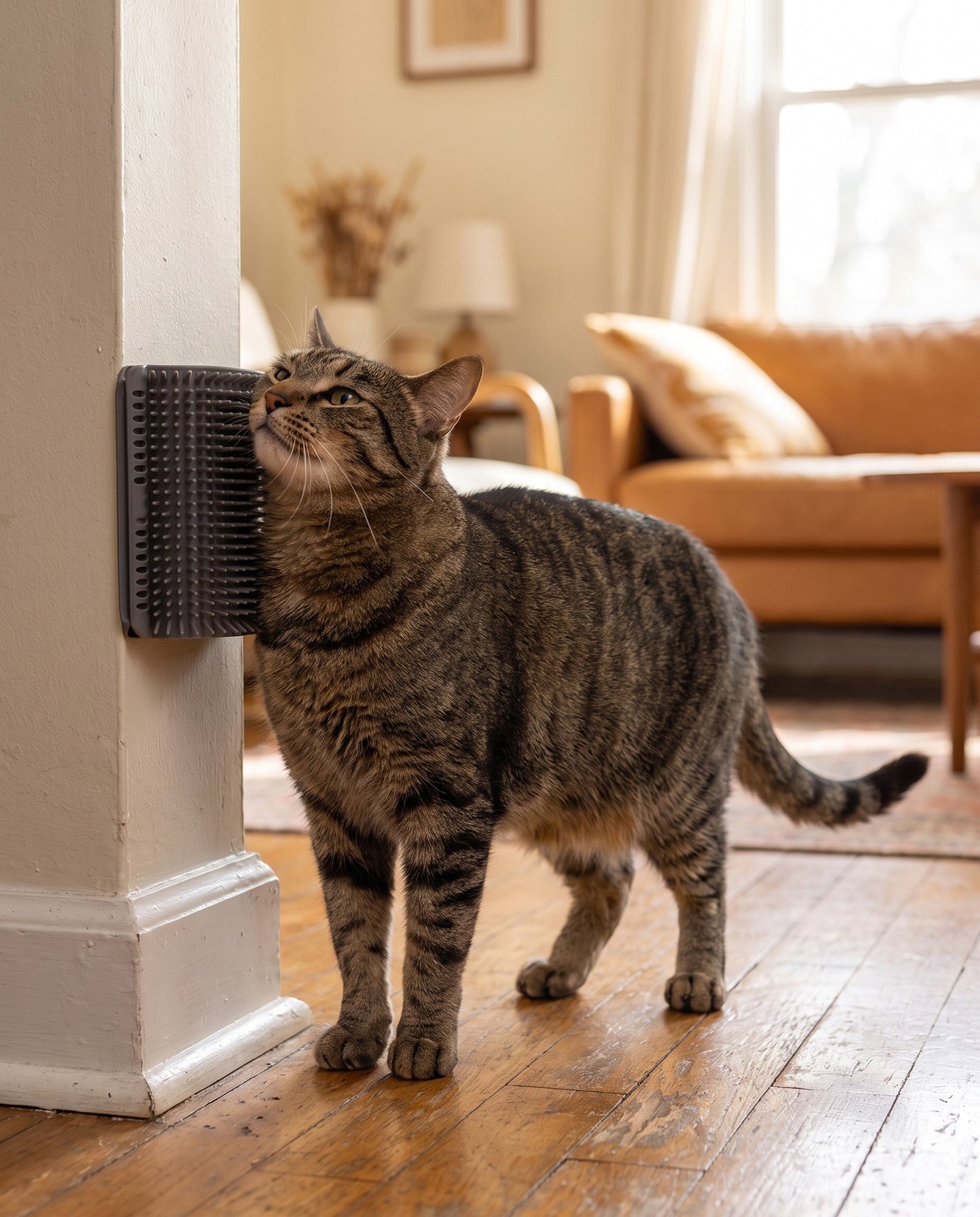 Corner Self-Groomer Brush for Cats, in use at home