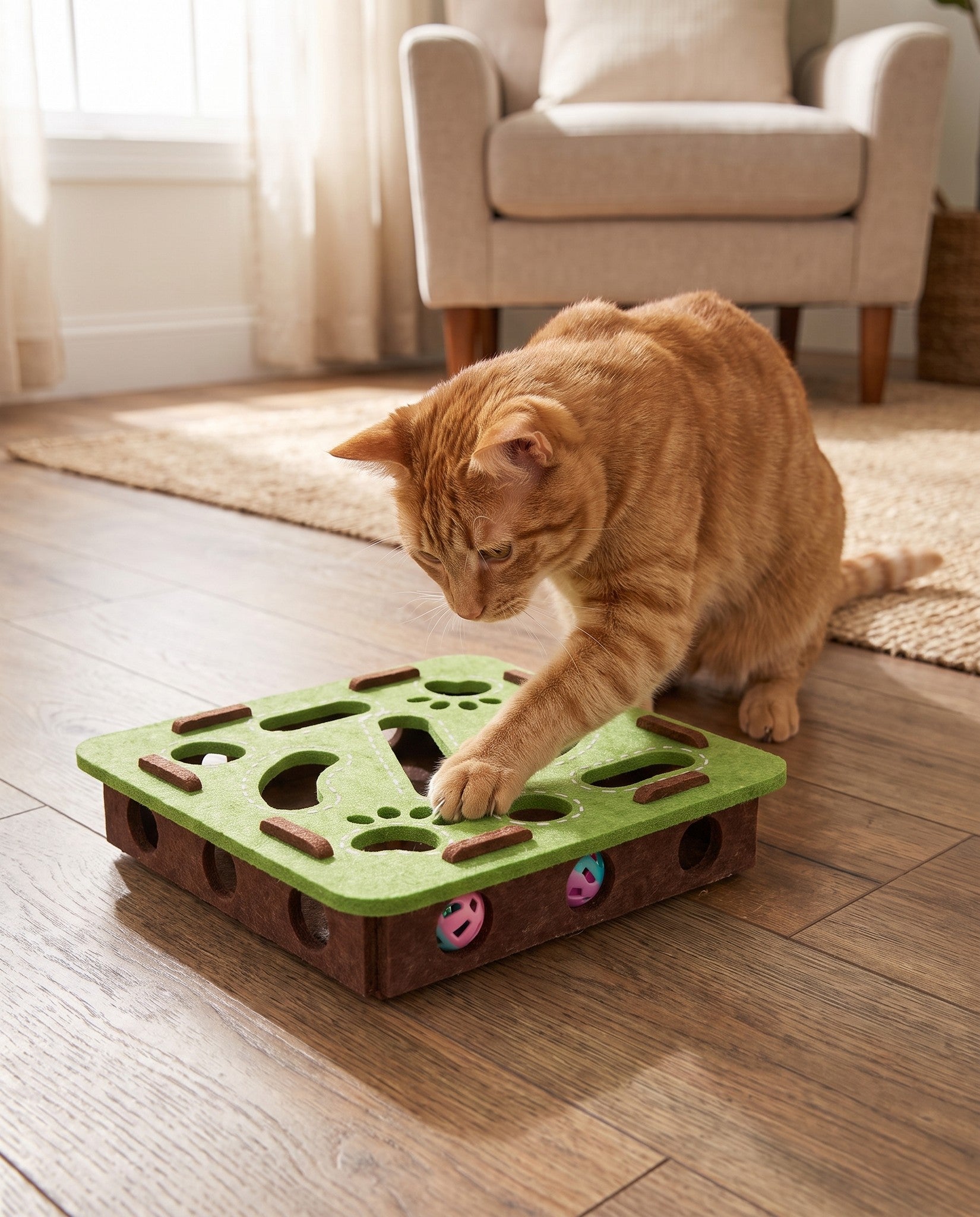 Felt Cat Puzzle Board with Bell Ball, in use at home