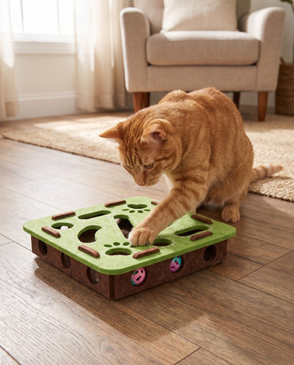 Felt Cat Puzzle Board with Bell Ball, in use at home