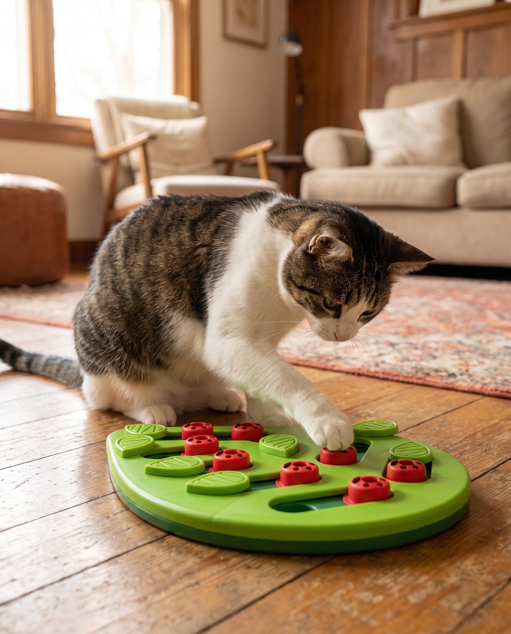 Cat Treat Puzzle Toy, Adjustable Difficulty, in use at home