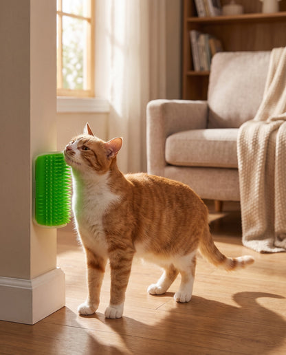 Arched Corner Self-Groomer for Cats, in use at home