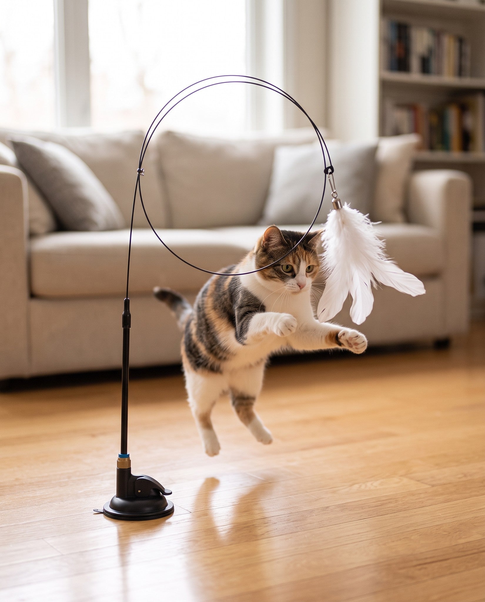 Suction Cup Feather Teaser Wand for Cats, in use at home