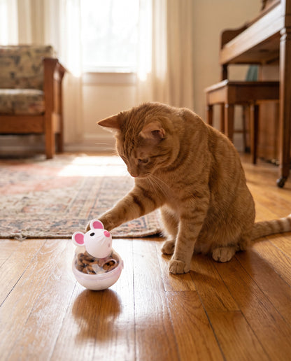 Mouse Treat Tumbler for Cats, in use at home