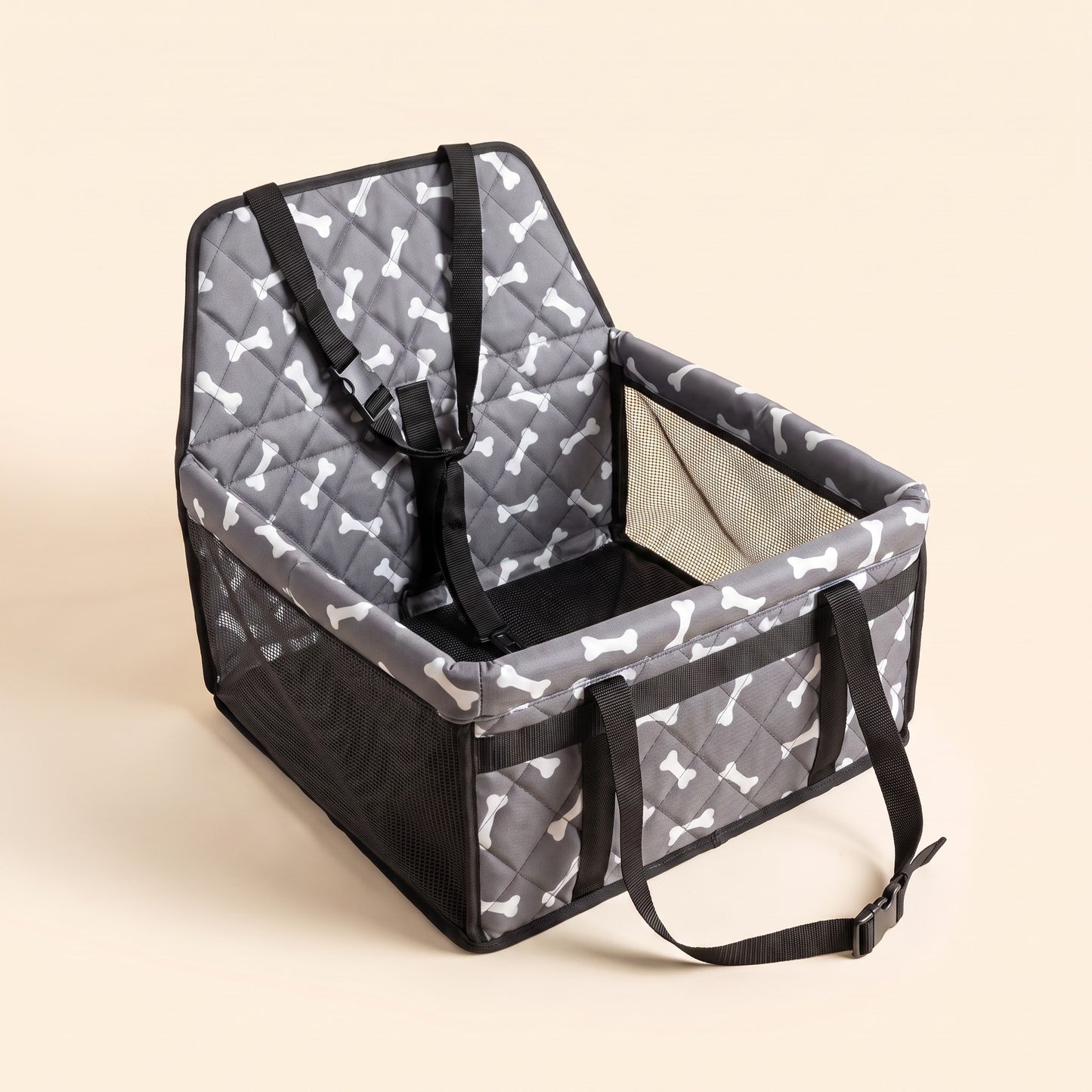 Quilted Booster Car Seat for Small Dogs in grey bone print