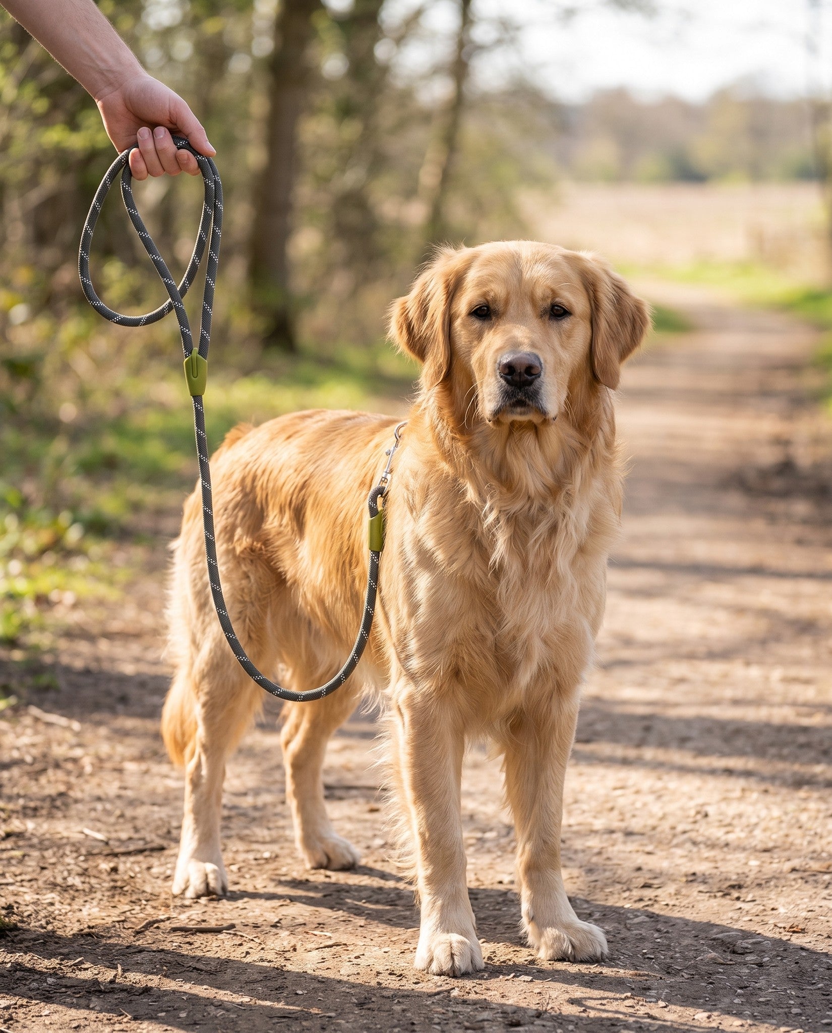Reflective Rope Dog Leash with Alloy Hook, in use at home
