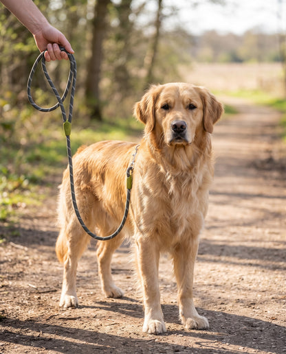 Reflective Rope Dog Leash with Alloy Hook, in use at home