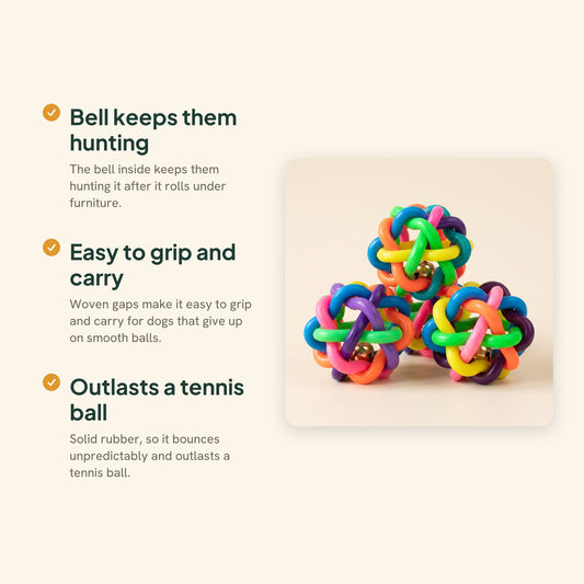 Woven Rubber Bell Ball for Dogs, key benefits