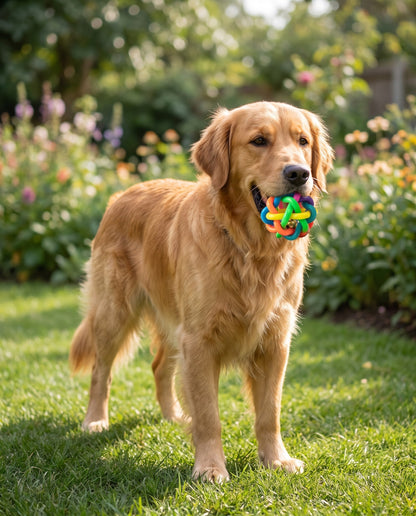 Woven Rubber Bell Ball for Dogs, in use at home