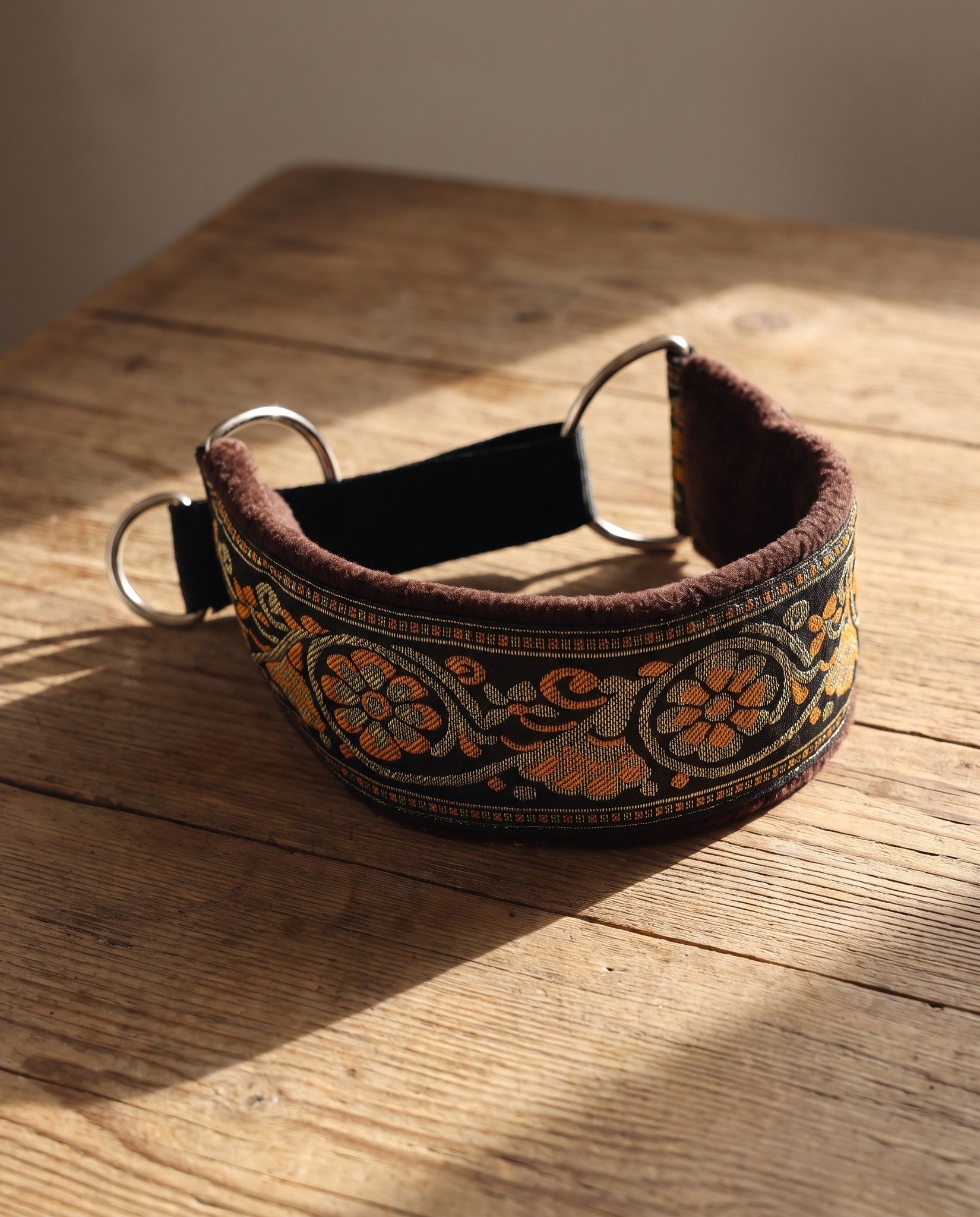 Wide Martingale Collar for Sighthounds, styled in a home setting