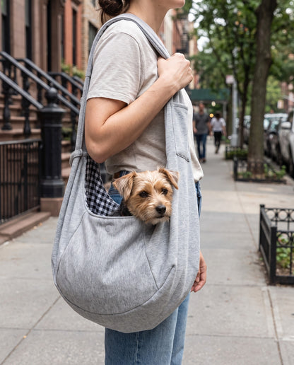 Cotton Sling Carrier with Storage Pockets, in use at home