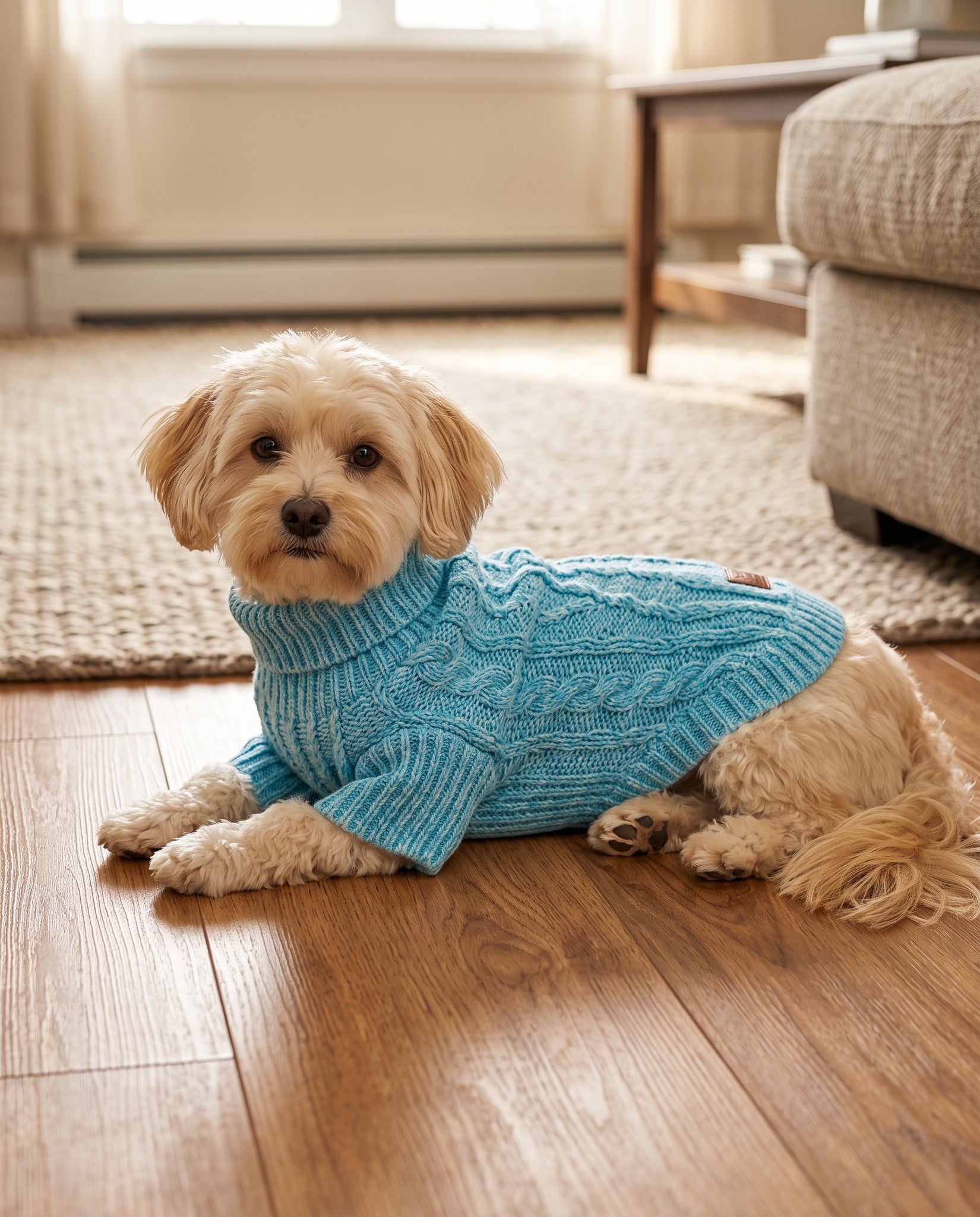 Cable-Knit Turtleneck Sweater for Dogs and Cats, in use at home