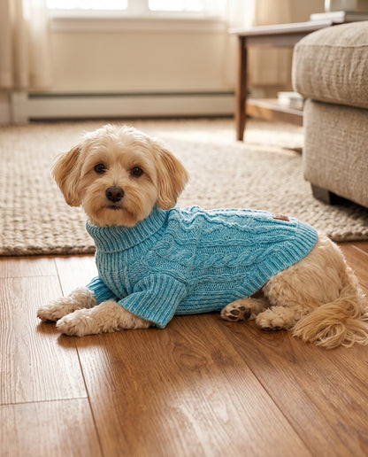 Cable-Knit Turtleneck Sweater for Dogs and Cats, in use at home