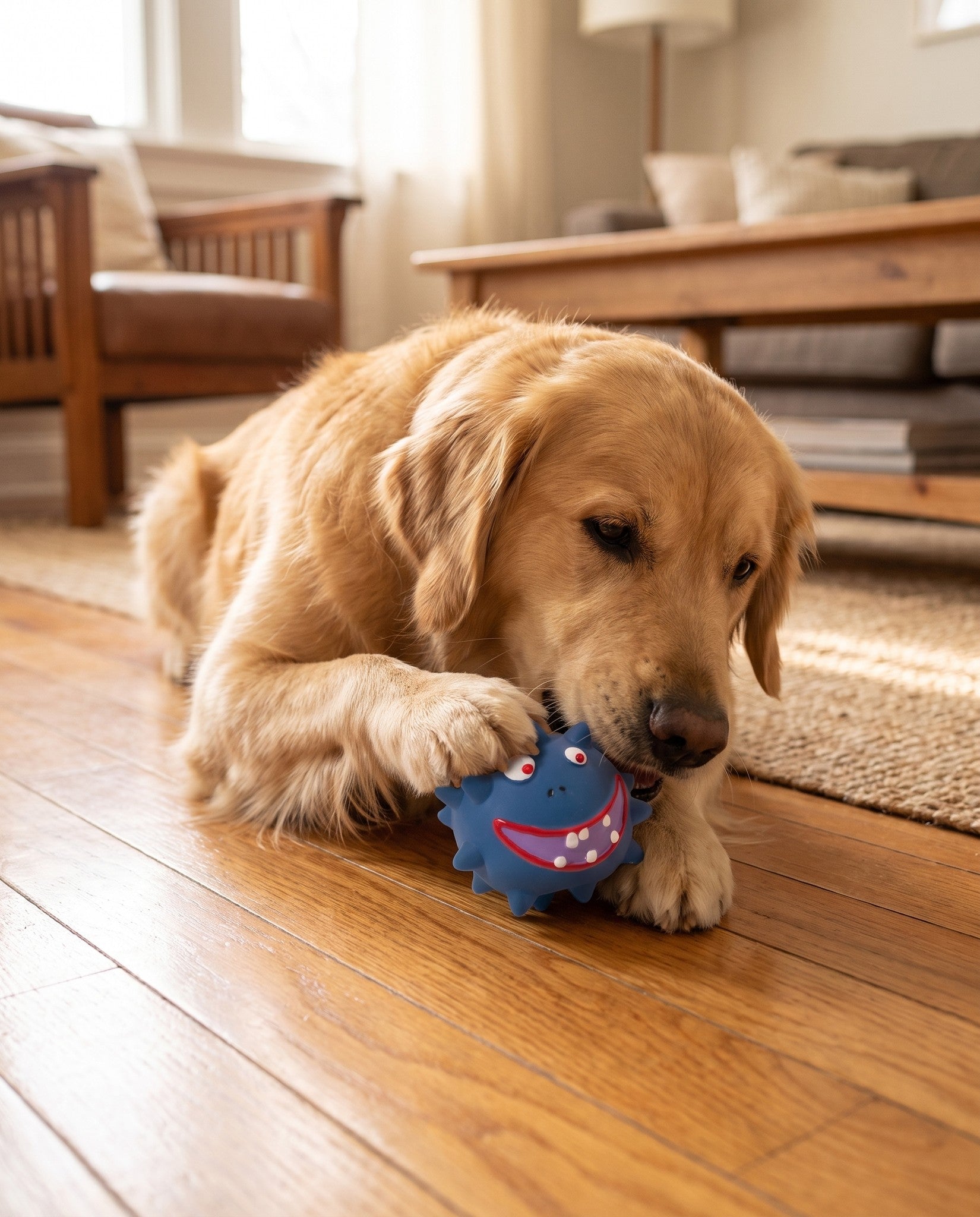 Spiky Squeaky Ball for Dogs, in use at home