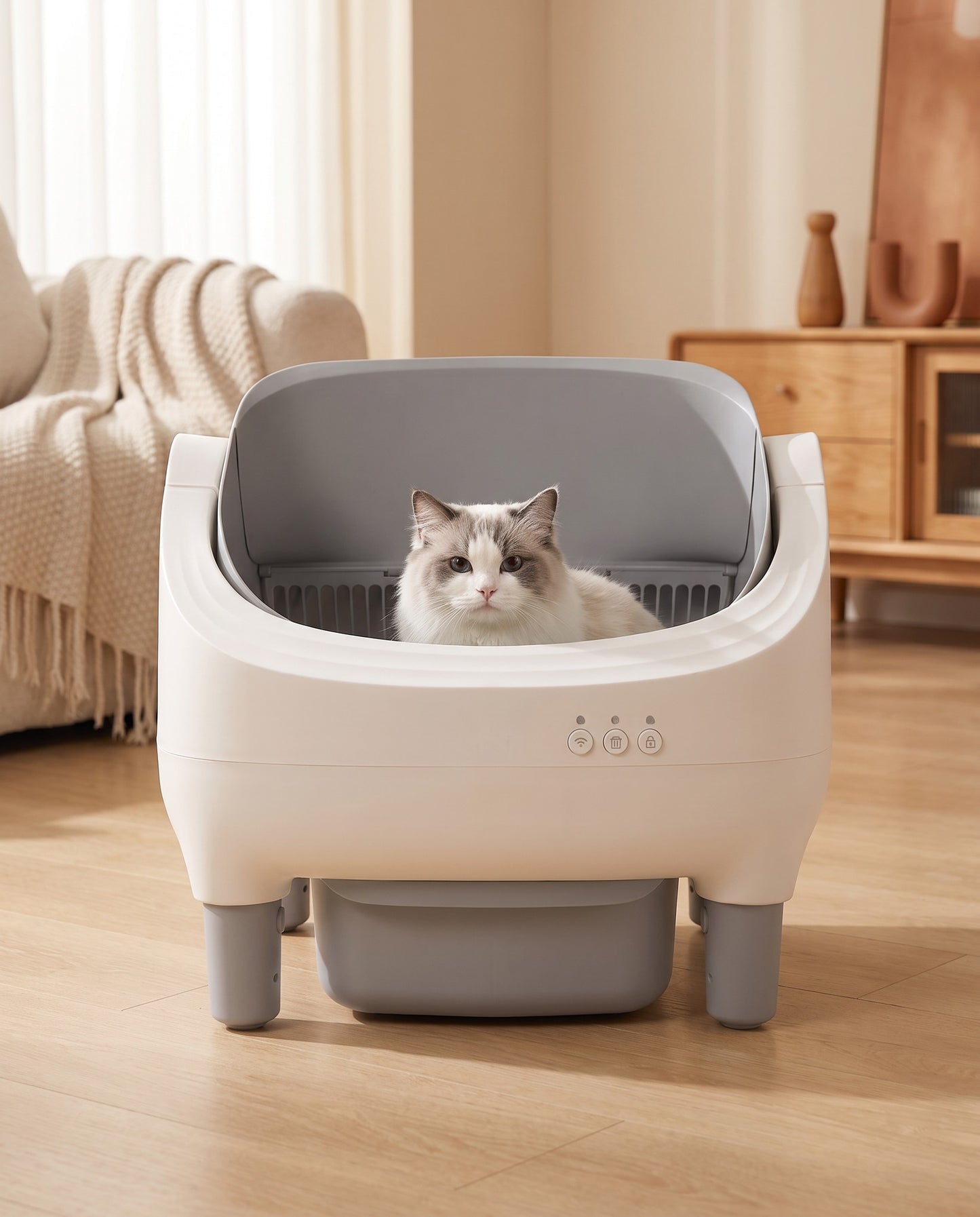 Self-Cleaning Litter Box with App Control, in use at home