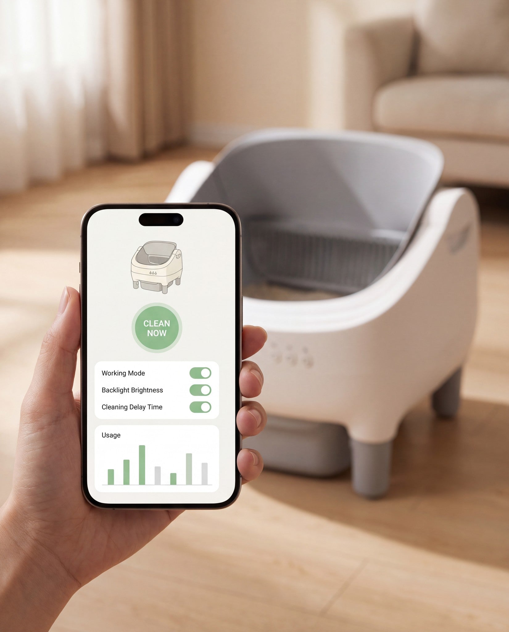 Self-Cleaning Litter Box with App Control, styled in a home setting