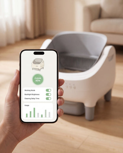 Self-Cleaning Litter Box with App Control, styled in a home setting