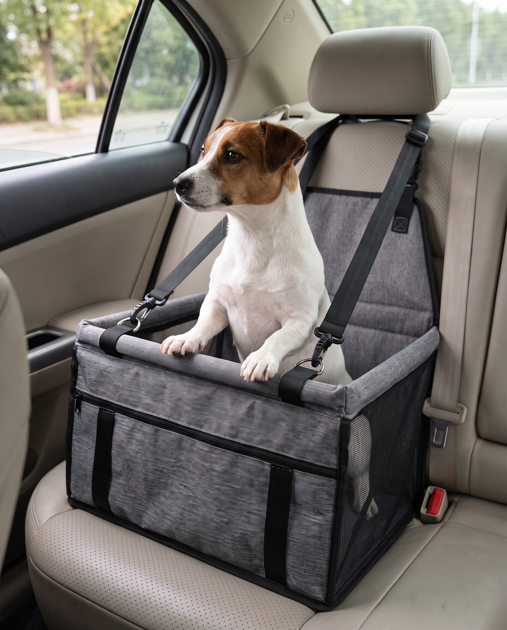 Foldable Booster Car Seat with Safety Tether, in use at home