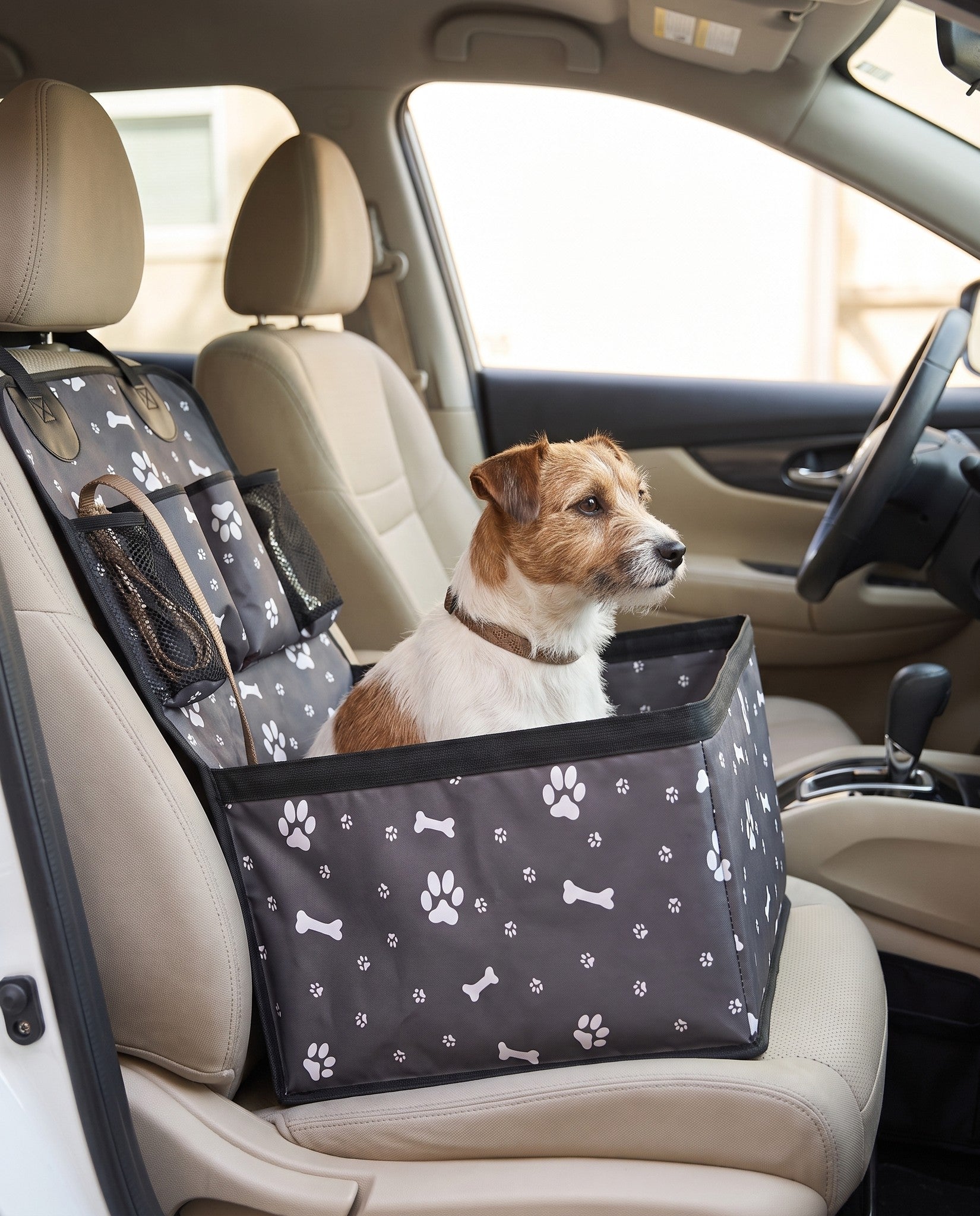 Dog Car Booster Seat with Storage Pockets, in use at home