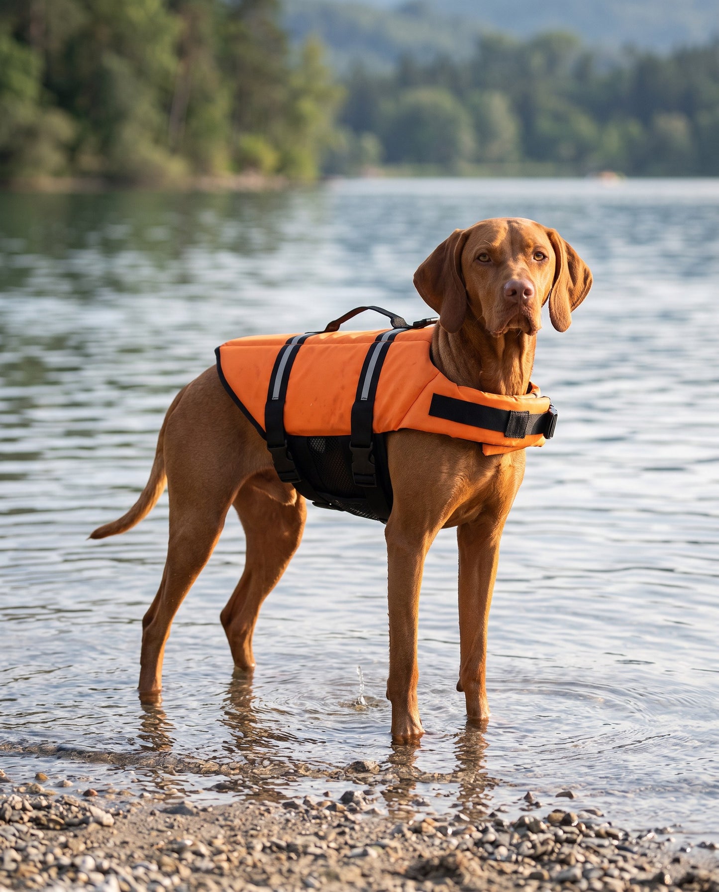 Reflective Dog Life Jacket with Lift Handle, in use at home