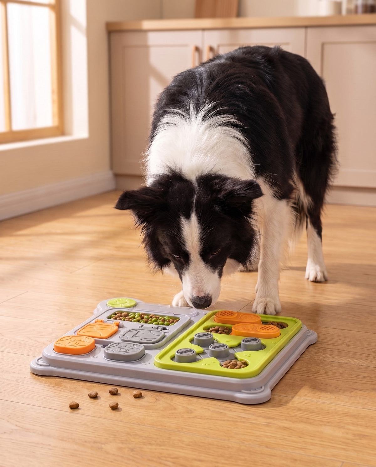 Dog Puzzle Feeder Board, Green, in use