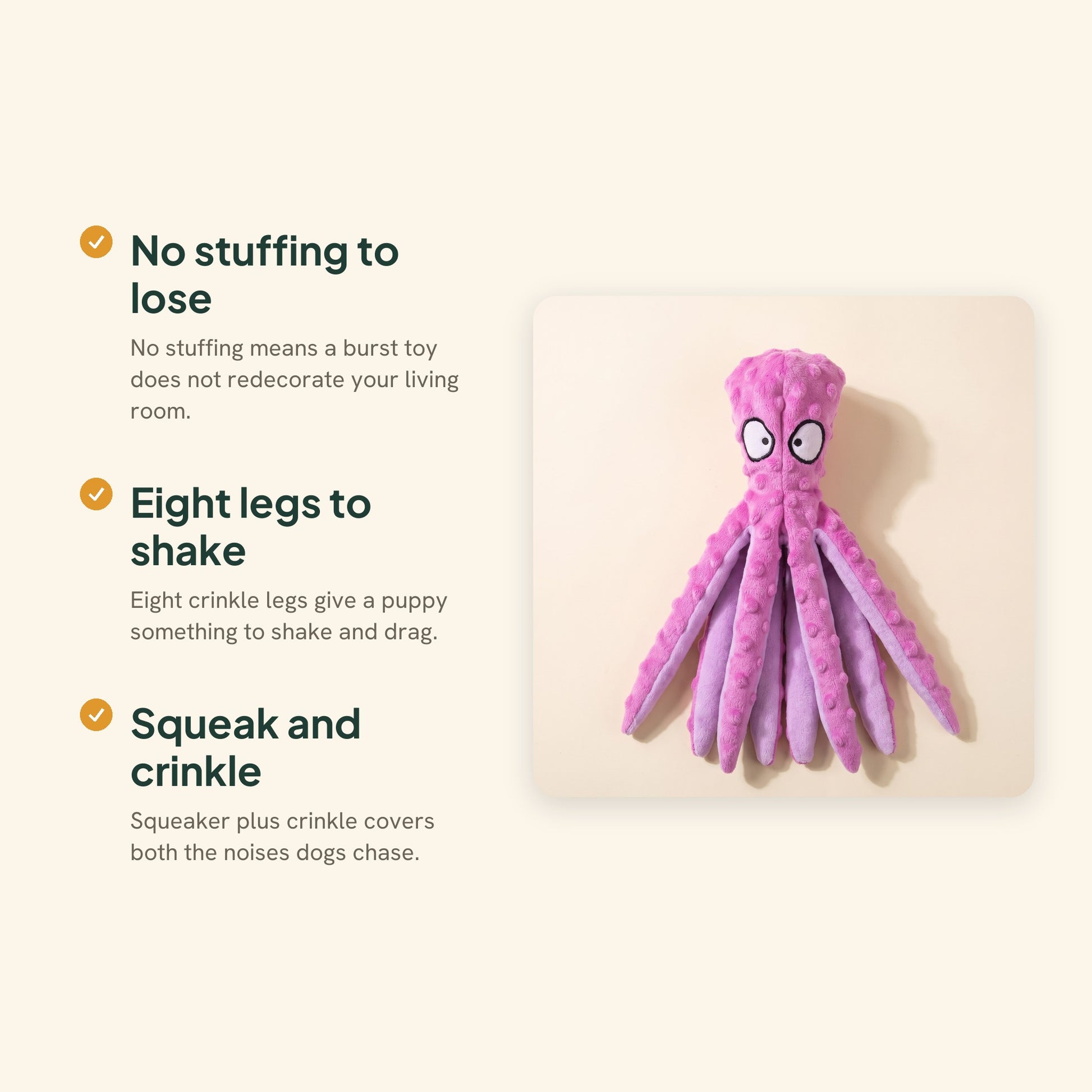 No-Stuffing Octopus Crinkle Toy for Dogs, key benefits