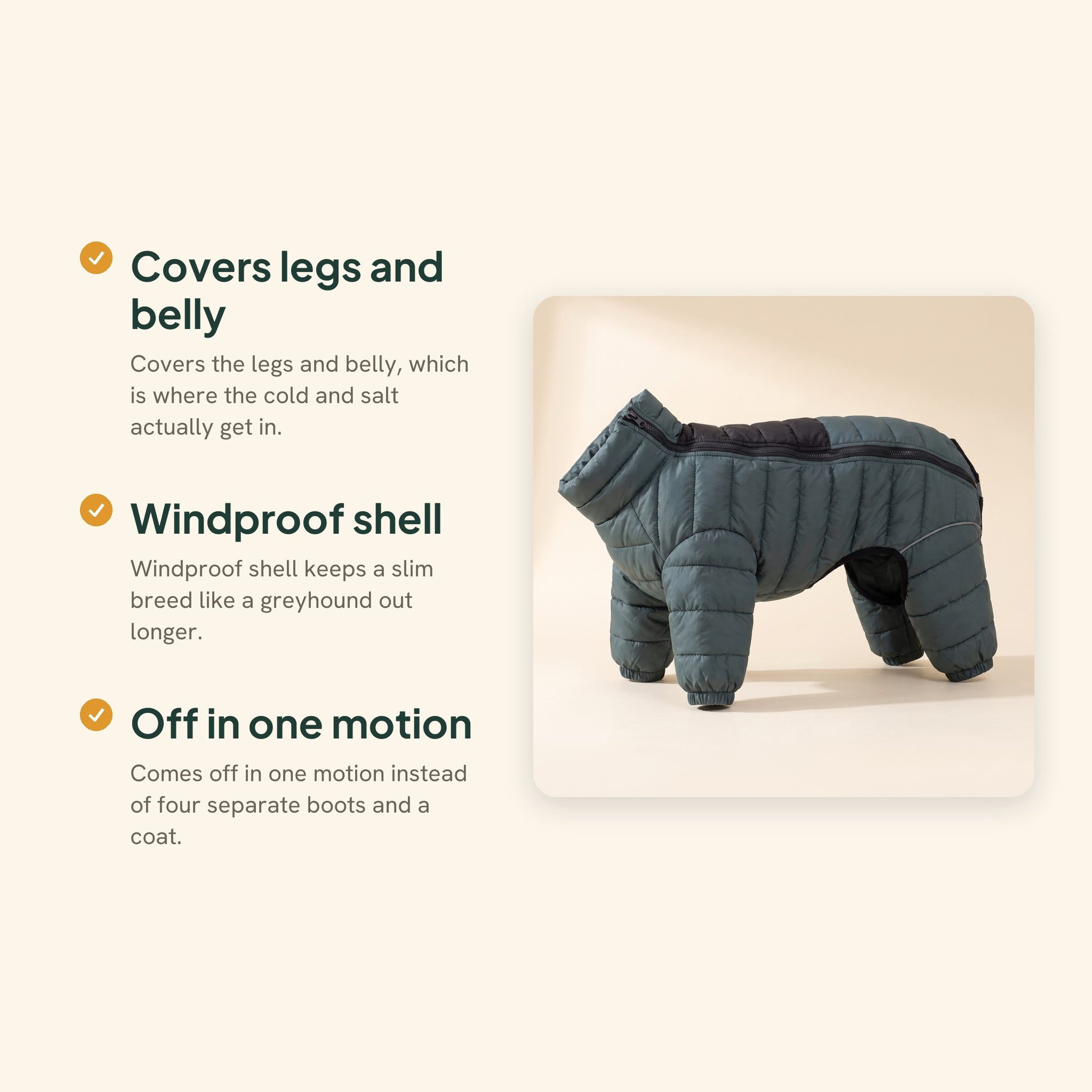 Padded Four-Leg Winter Dog Snowsuit, key benefits