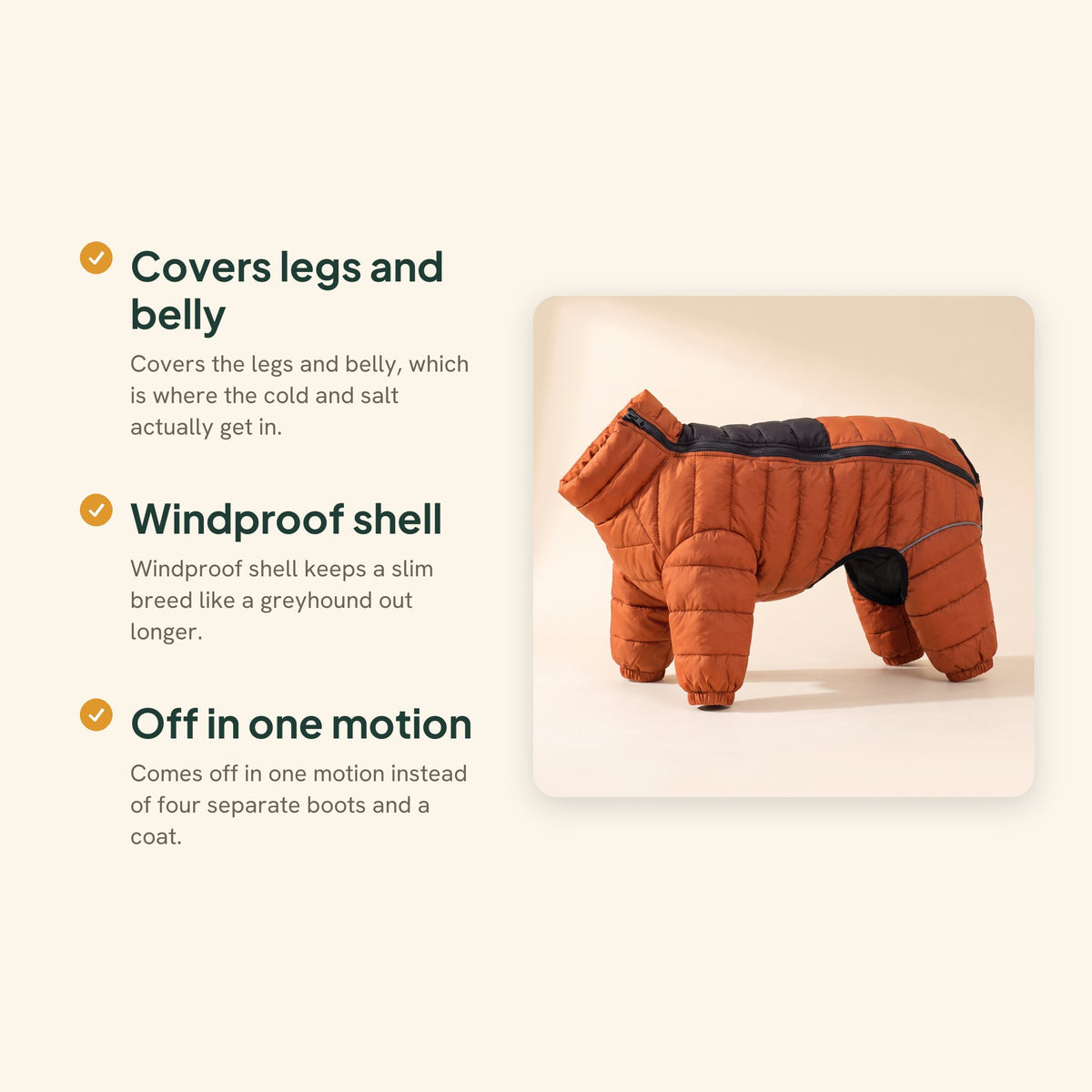 Winter Dog Snowsuit, Orange, key benefits