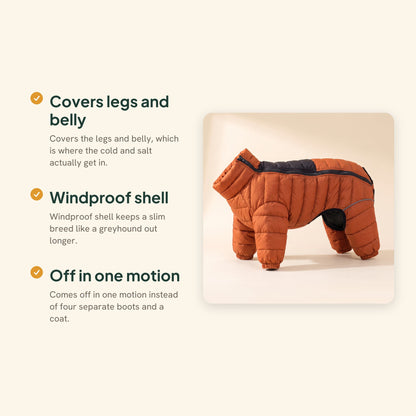 Winter Dog Snowsuit, Orange, key benefits