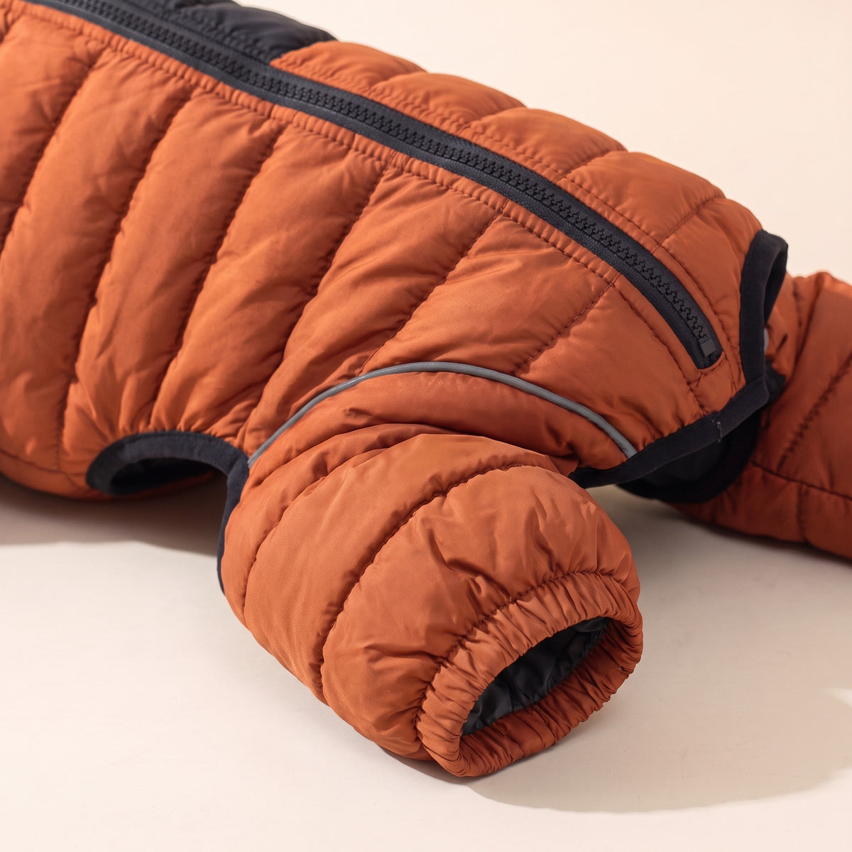 Winter Dog Snowsuit, Orange, close-up detail