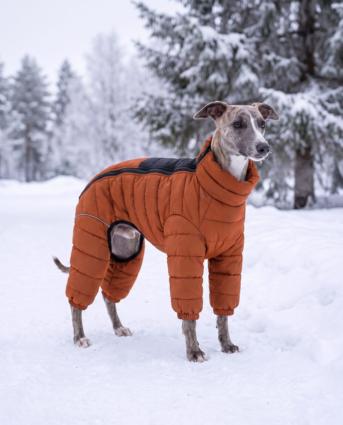 Winter Dog Snowsuit, Orange, in use