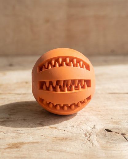 Rubber Treat Ball with Teeth-Cleaning Grooves, styled in a home setting