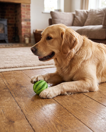 Natural Rubber Treat Dispensing Ball, in use at home