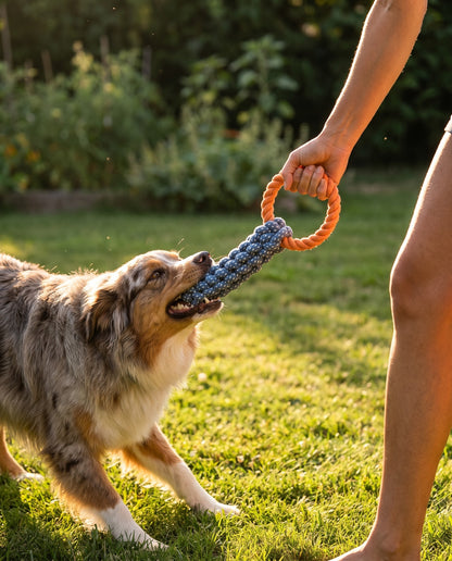Double-Ring Cotton Rope Tug Toy, in use at home