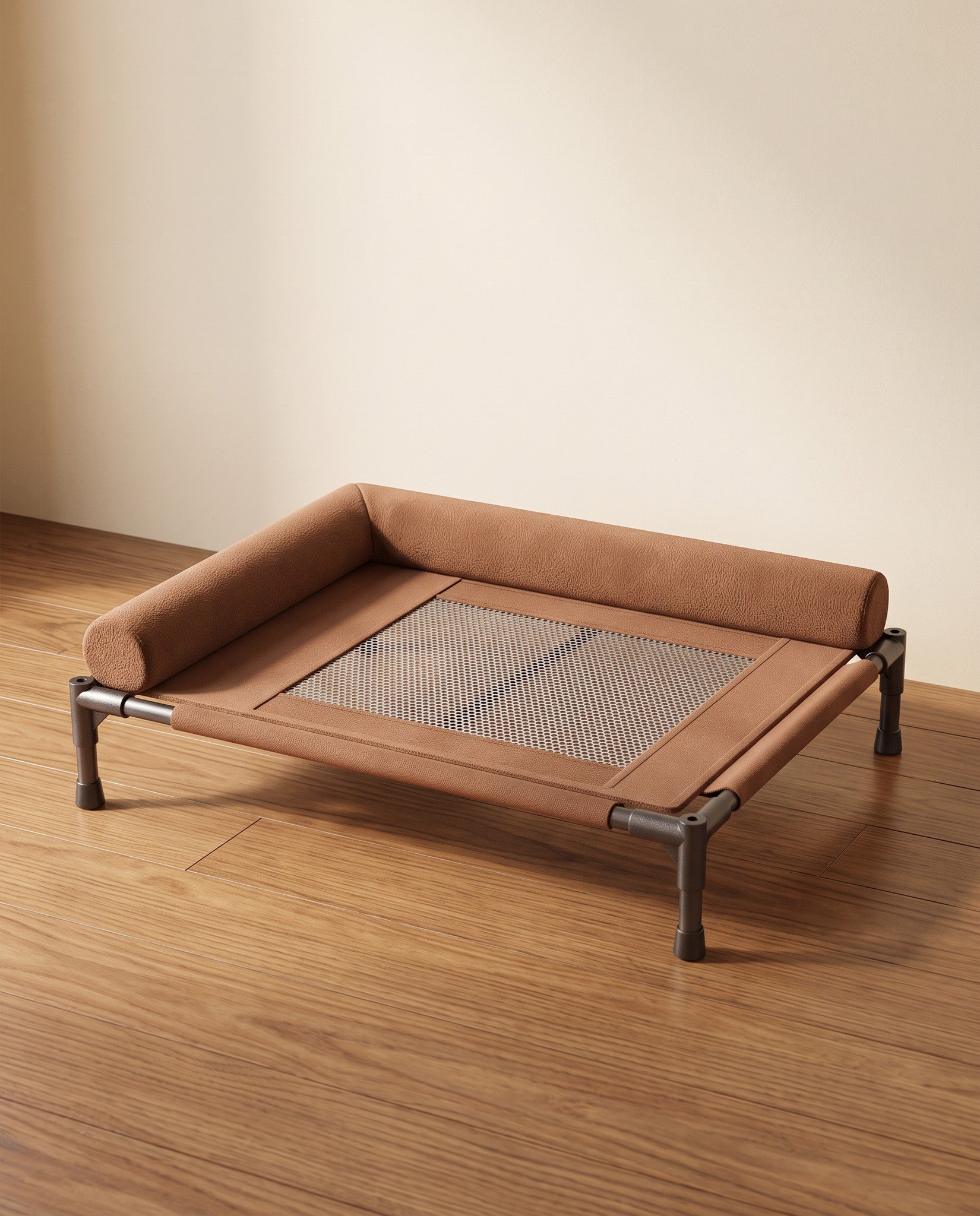 Elevated Cooling Cot Bed with Bolster, styled in a home setting