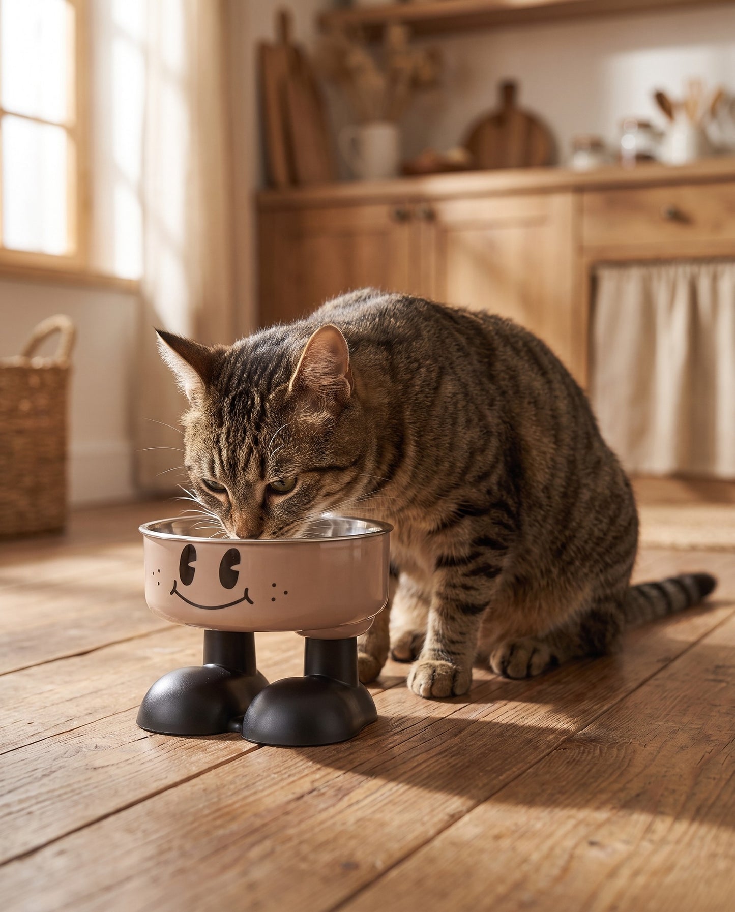 Smiley Elevated Pet Bowl with Steel Insert, in use at home