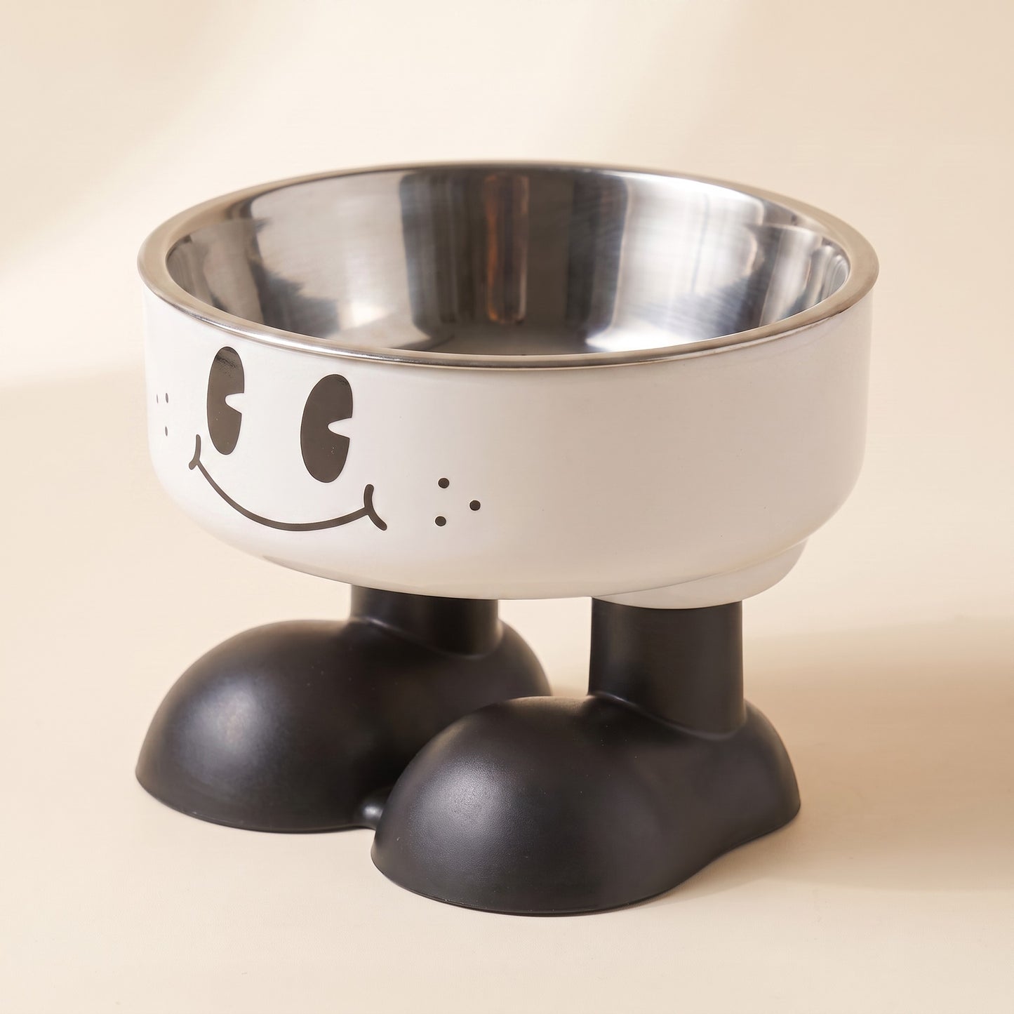Smiley Elevated Pet Bowl with Steel Insert in white