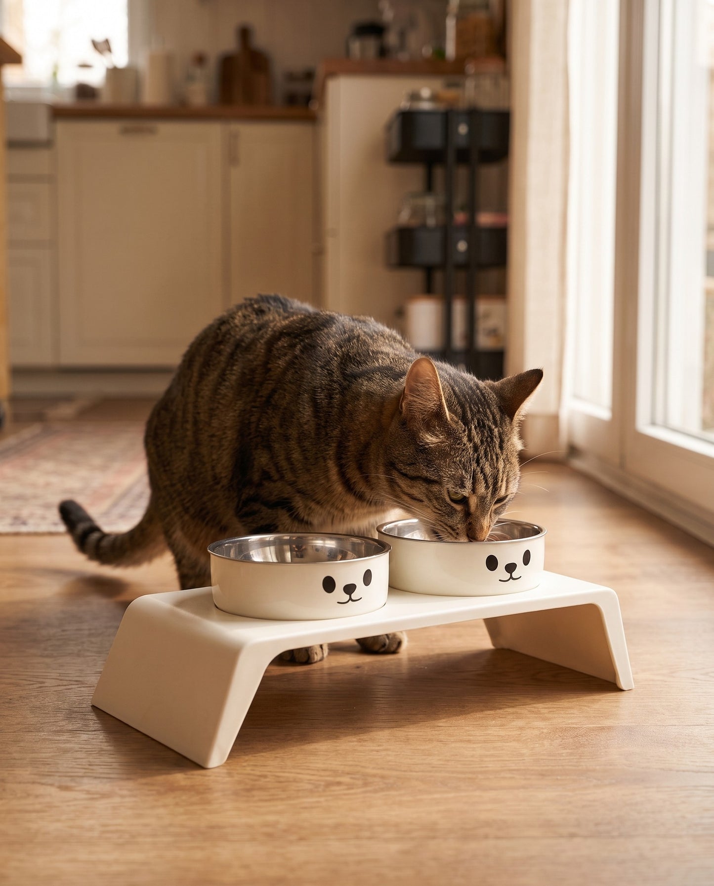 Low Elevated Double Bowl Feeder, in use at home