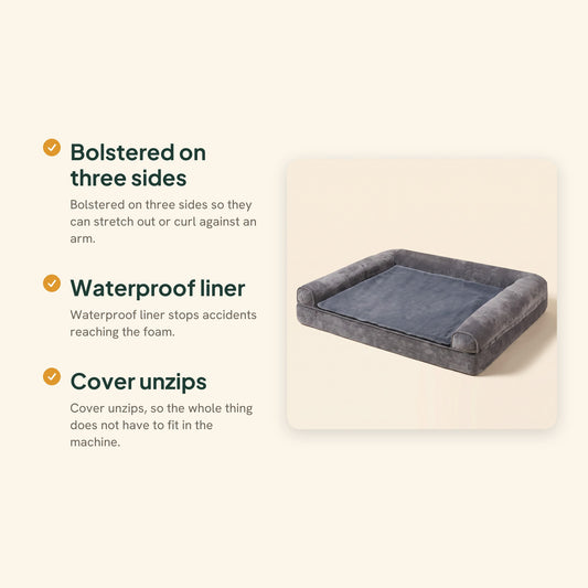 Sofa-Style Bolster Dog Bed, Waterproof, key benefits