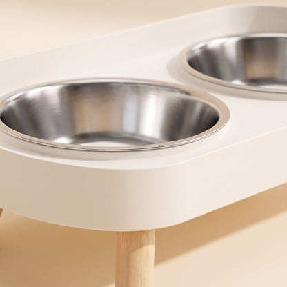 Elevated Double Bowl Station with Wood Legs, close-up detail