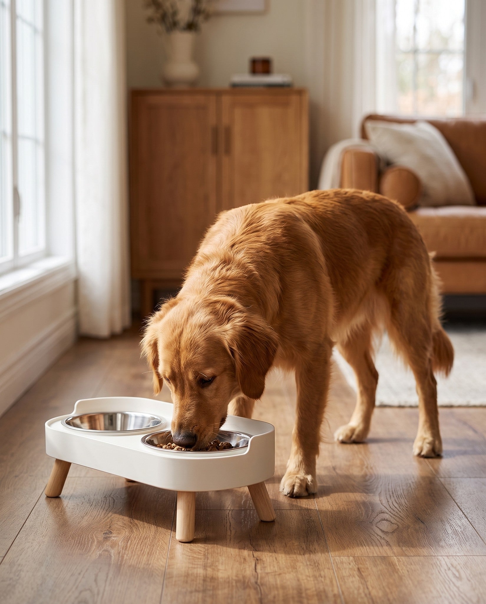 Elevated Double Bowl Station with Wood Legs, in use at home