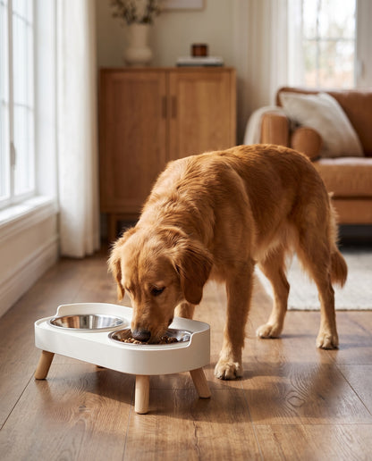 Elevated Double Bowl Station with Wood Legs, in use at home