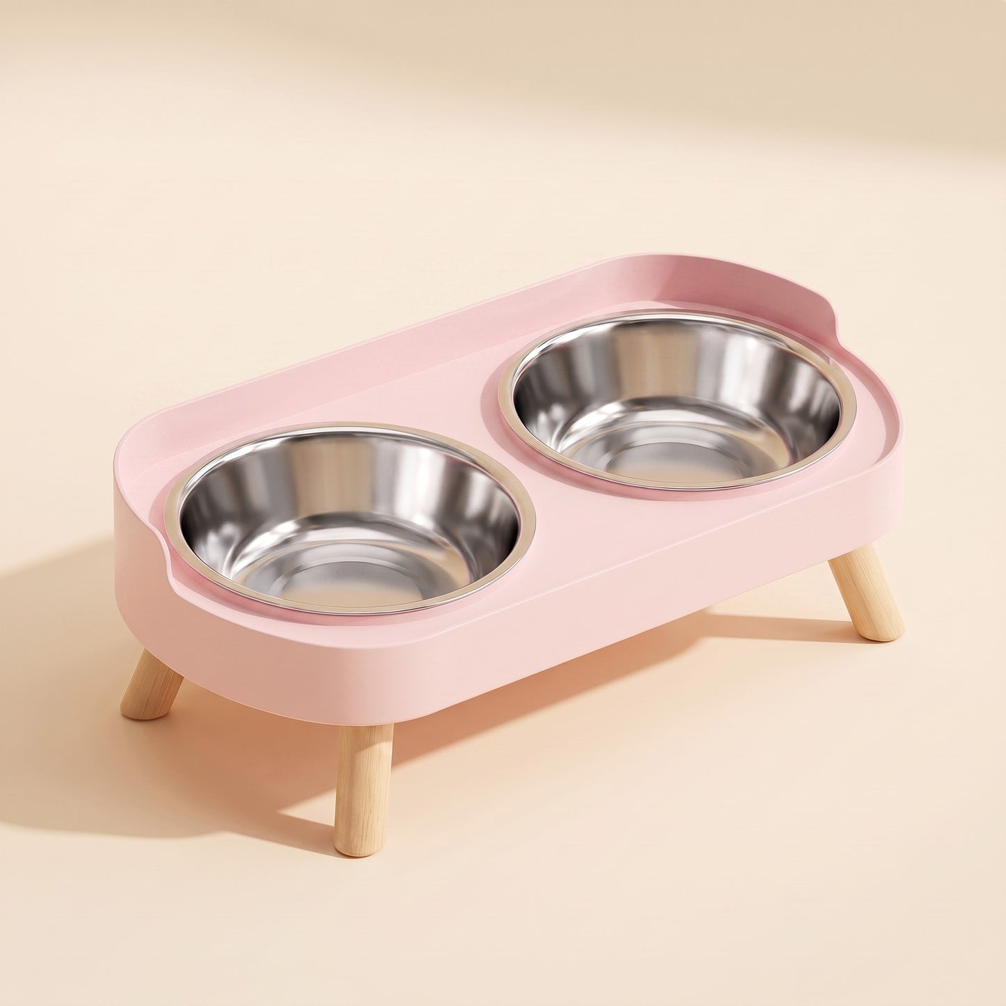 Elevated Double Bowl Station with Wood Legs in pink