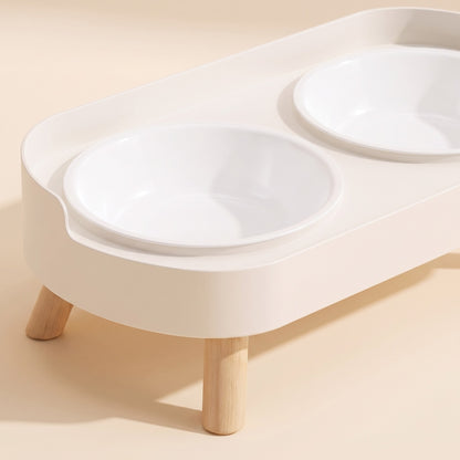Double Bowl Station with Wood Legs, White Plastics, close-up detail