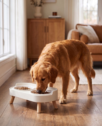 Double Bowl Station with Wood Legs, White Plastics, in use